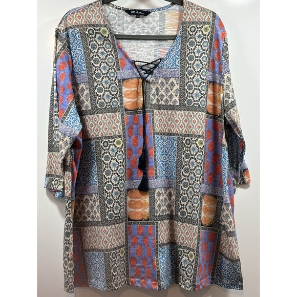 Ulla Popken Top 20/22 Tribal Patchwork 3/4 Sleeve‎ Tie Front - Picture 1 of 5